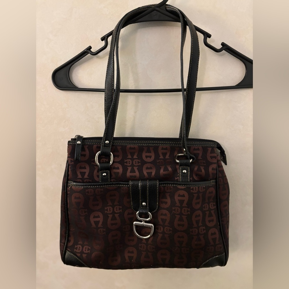 Etienne Aigner Dark Brown/Black Canvas & Leather Signature Logo Handbag VTG
